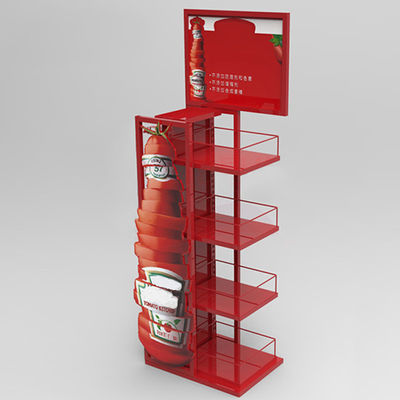 ชั้นวางโปรโมชั่น Red 4 Tiers ชั้นวางเครื่องปรุงรสชั้นวางขวดซอสมะเขือเทศ